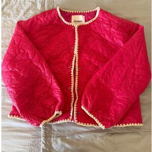 &merci En Merci Women's Large Pink Quilted Floral Jacket Cream Trim Snap Front